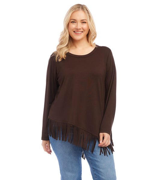 Brown Plus Size Asymmetric Fringe Top | Karen Kane