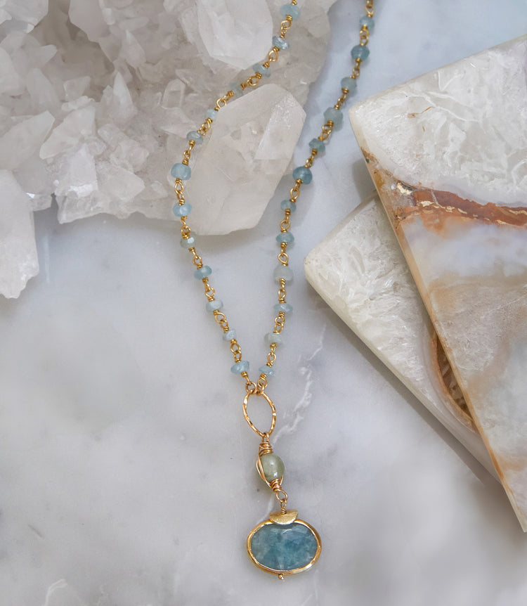 Beaded Aquamarine Pendant Necklace