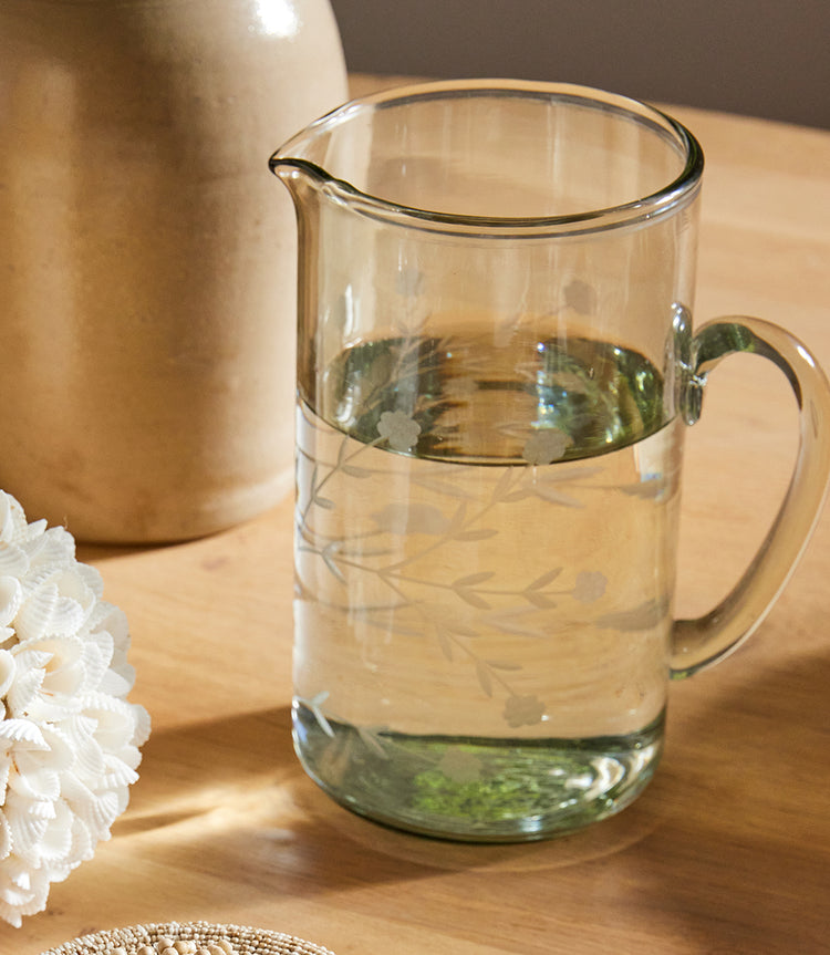 Etched Floral Glass Pitcher