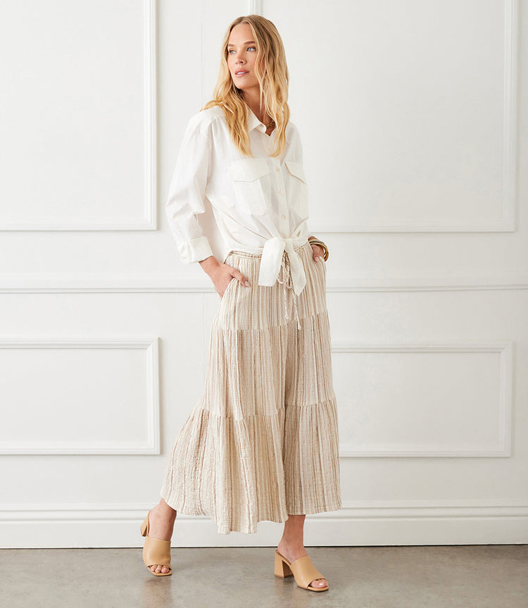 Metallic Stripe Tiered Midi Skirt