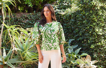 Green Print Top and White Pants