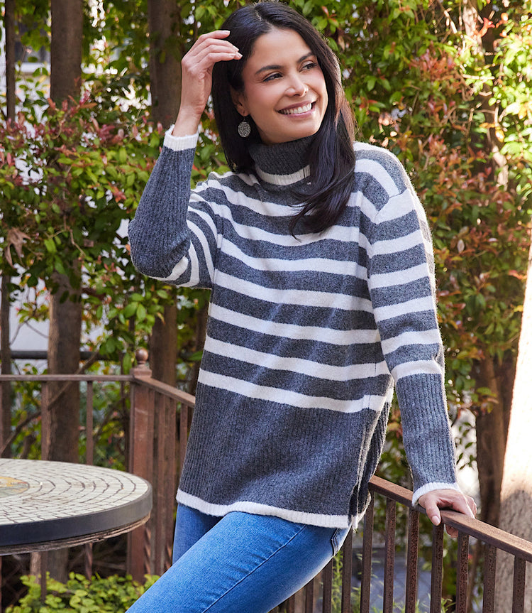 Dark Gray Stripe Turtleneck Sweater Karen Kane