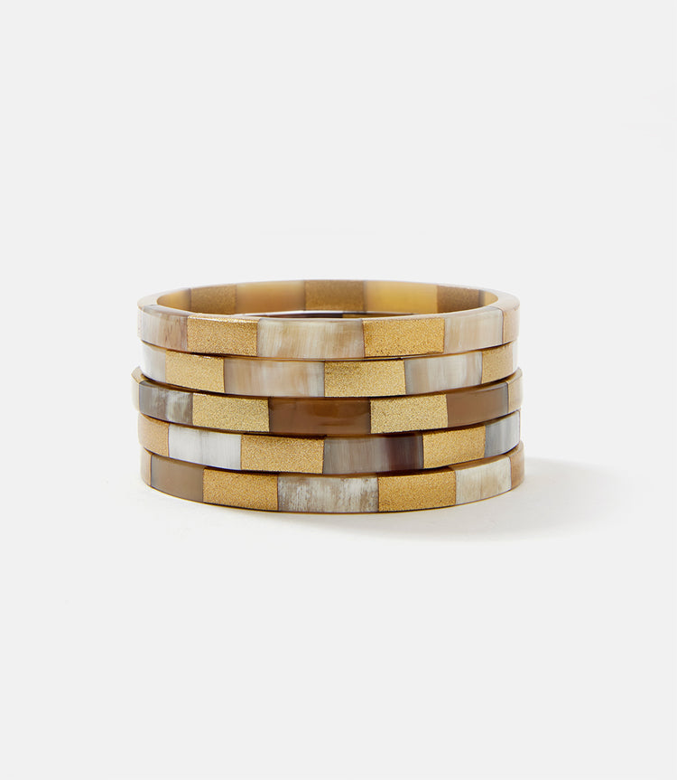 Tiled Gold And Horn Bangles, Set of 5