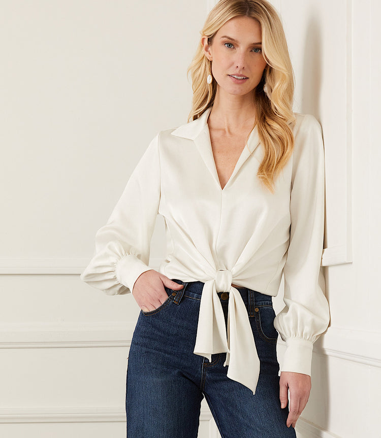 Cream Satin Tie Front Top Karen Kane