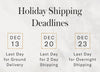 Holiday Shipping Deadlines: 12/13 Last day for ground delivery. 12/20 Last day for 2 day shipping. 12/23 Last day for overnight shipping