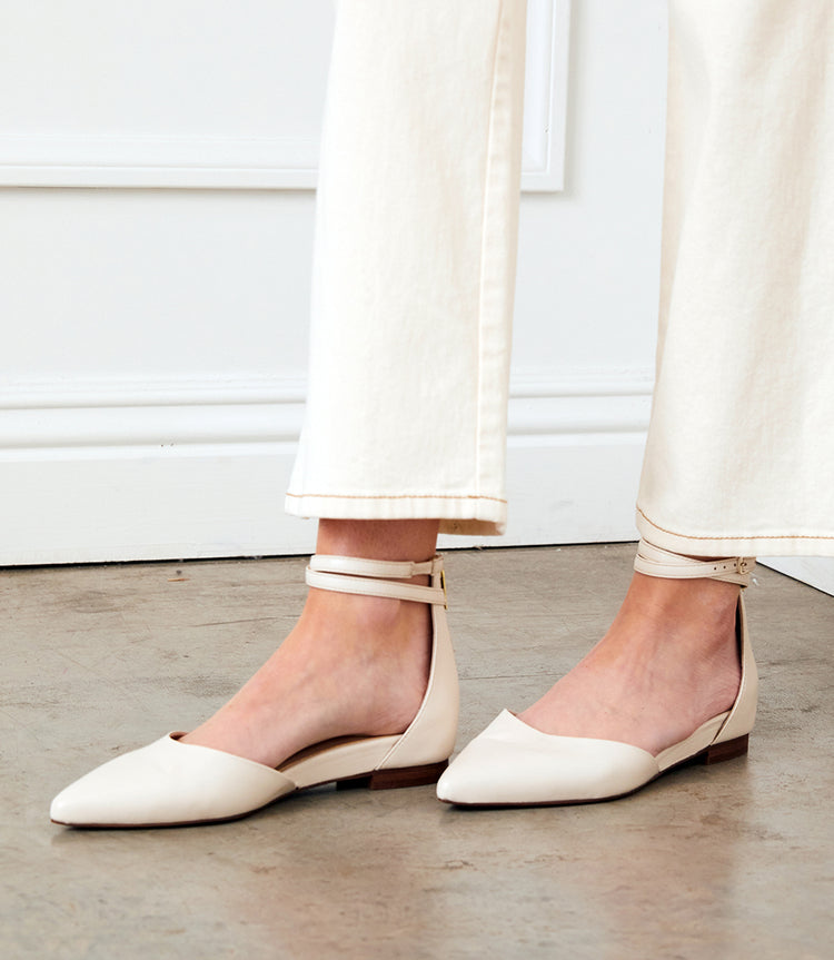 Off White Ankle Strap Pointed Toe Flats Karen Kane