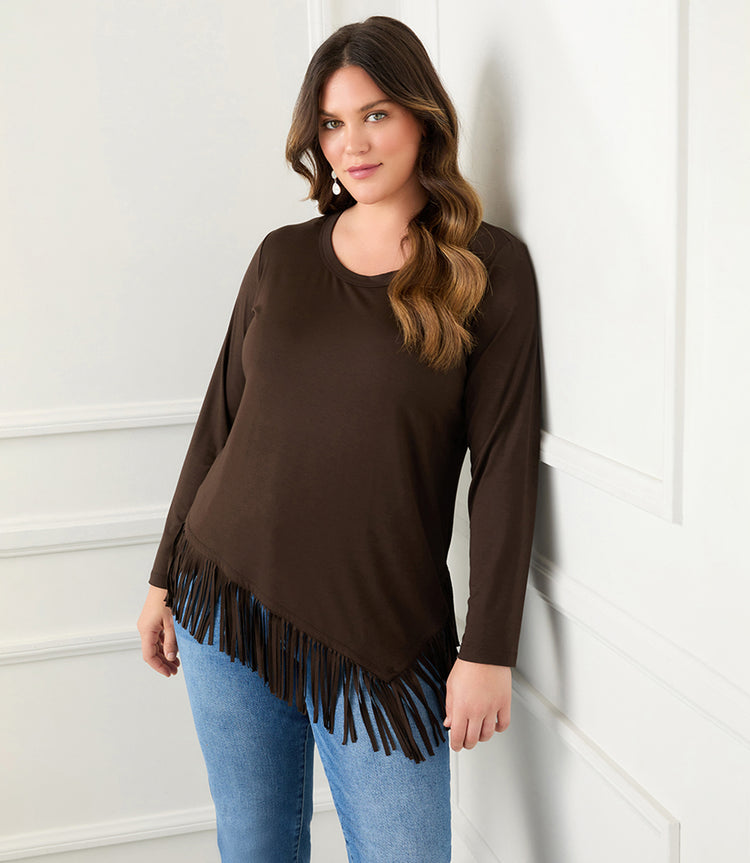 Brown Plus Size Asymmetric Fringe Top | Karen Kane