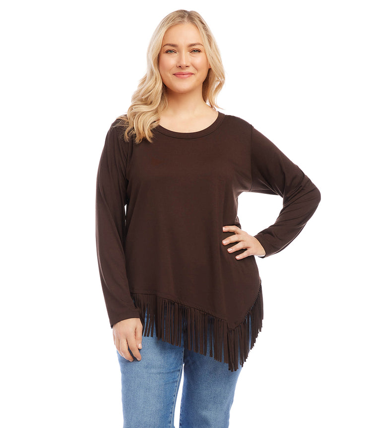 Brown Plus Size Asymmetric Fringe Top | Karen Kane