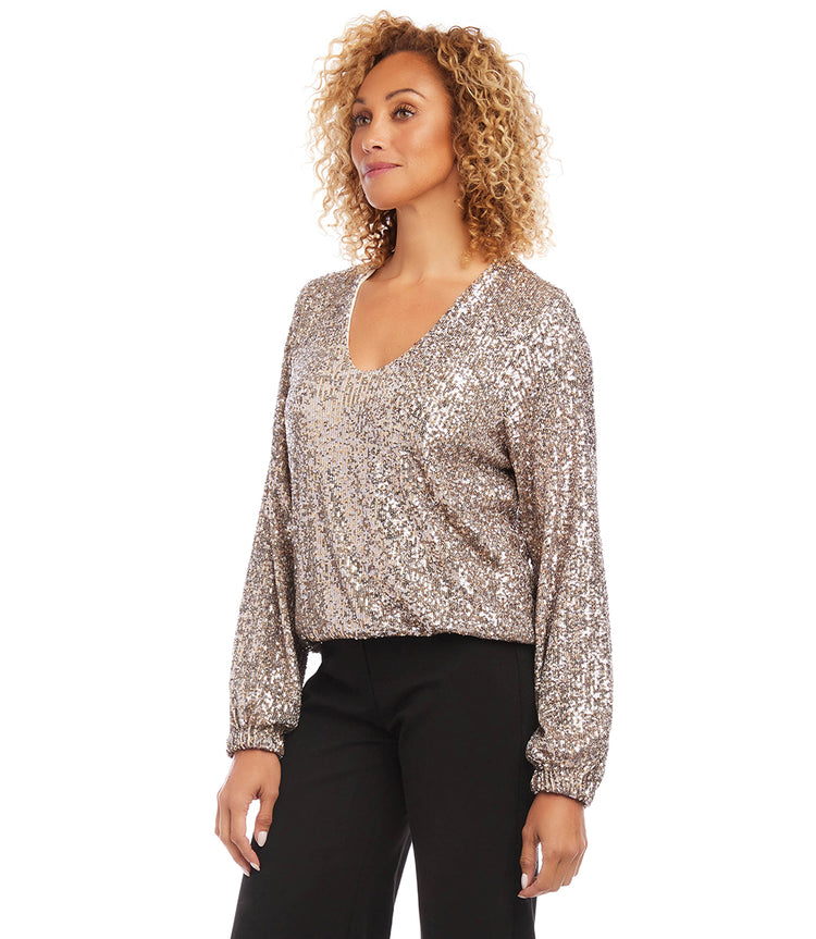 Champagne Sequin Long Sleeve Blouson Top | Karen Kane