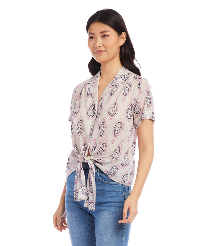 Roll Sleeve Tie-Front Top