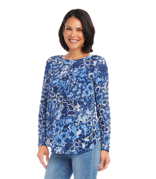 Print Petite Size Long Sleeve Shirttail Top | Karen Kane