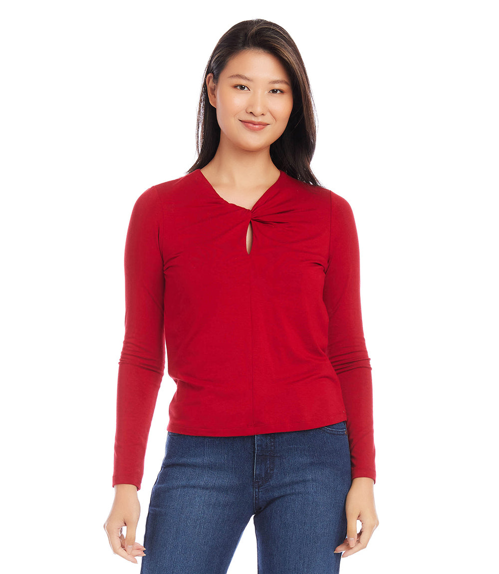 Red Twist Neck Keyhole Top Karen Kane