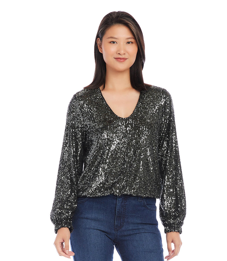 Steel Sequin Long Sleeve Blouson Top | Karen Kane