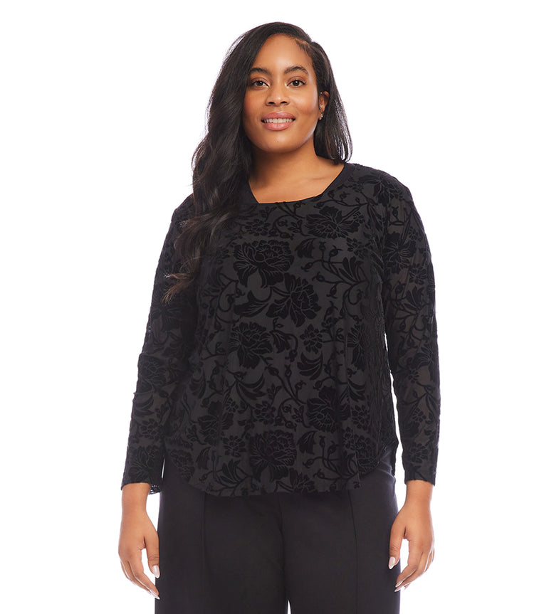 Plus Size Velvet Burnout Shirttail Top