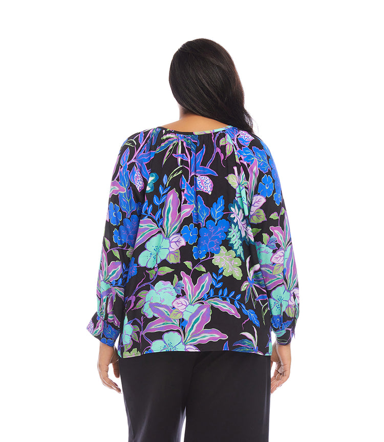 Print Plus Size Long Sleeve Peasant Top | Karen Kane