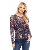 Petite Size Long Sleeve Paisley Crew Neck Top