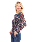 Petite Size Long Sleeve Paisley Crew Neck Top