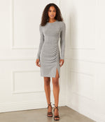 Long Sleeve Shirred Metallic Dress