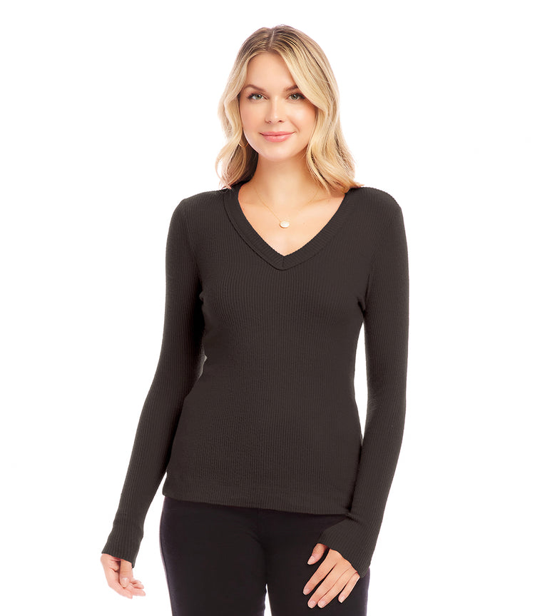 Ribbed Long Sleeve V-neck Top