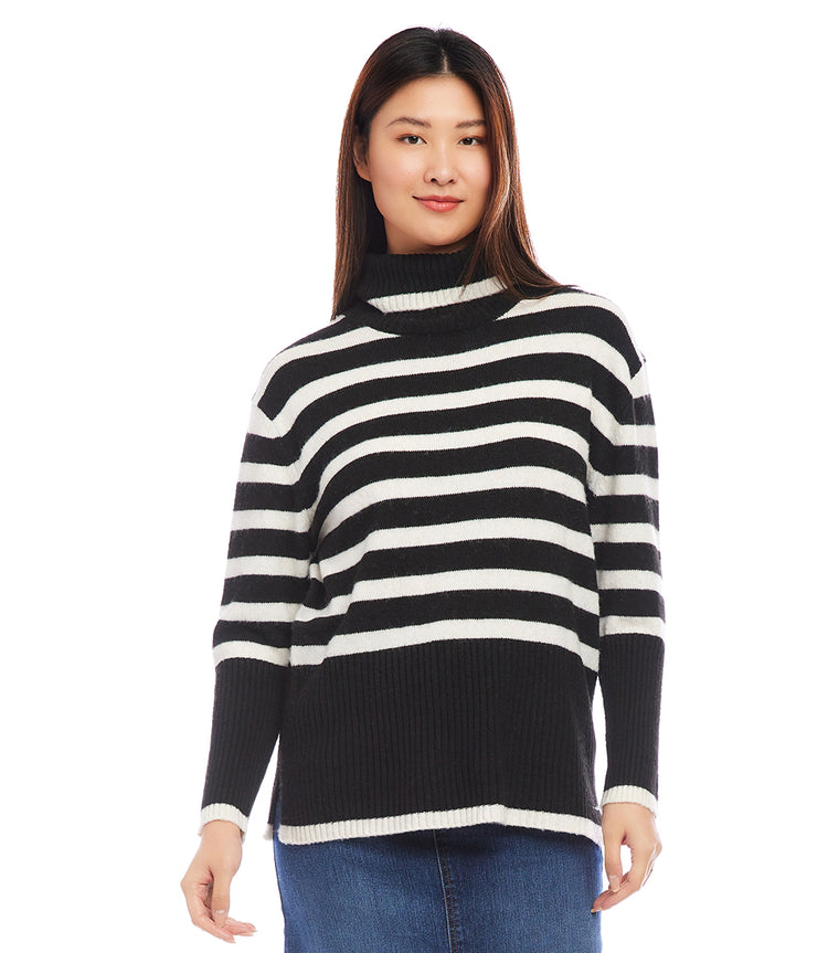 Black and Cream Stripe Turtleneck Sweater Karen Kane