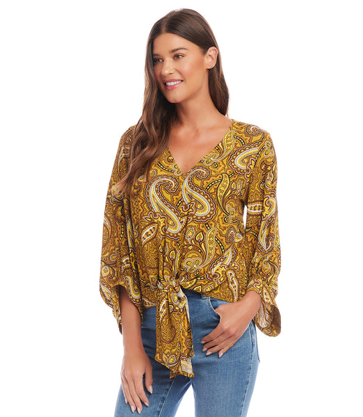 Paisley Blouson Sleeve Tie-Front Top | Karen Kane