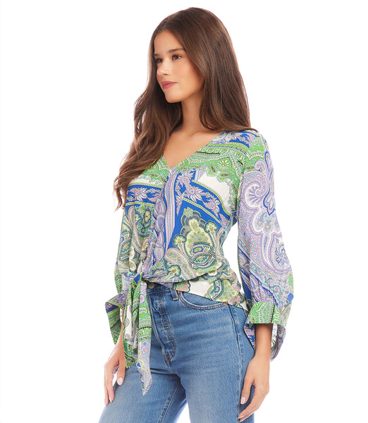 Paisley Blouson Sleeve Tie-Front Top | Karen Kane