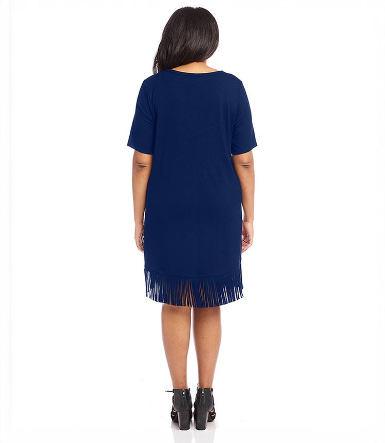 Navy Plus Size V-Neck Fringe Dress | Karen Kane