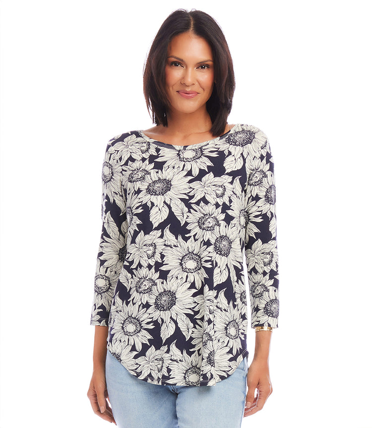 Print Three Quarter Sleeve Shirttail Top | Karen Kane