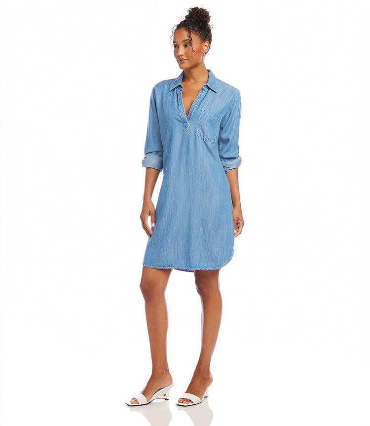 Petite Size Roll Tab Sleeve Chambray Shirtdress