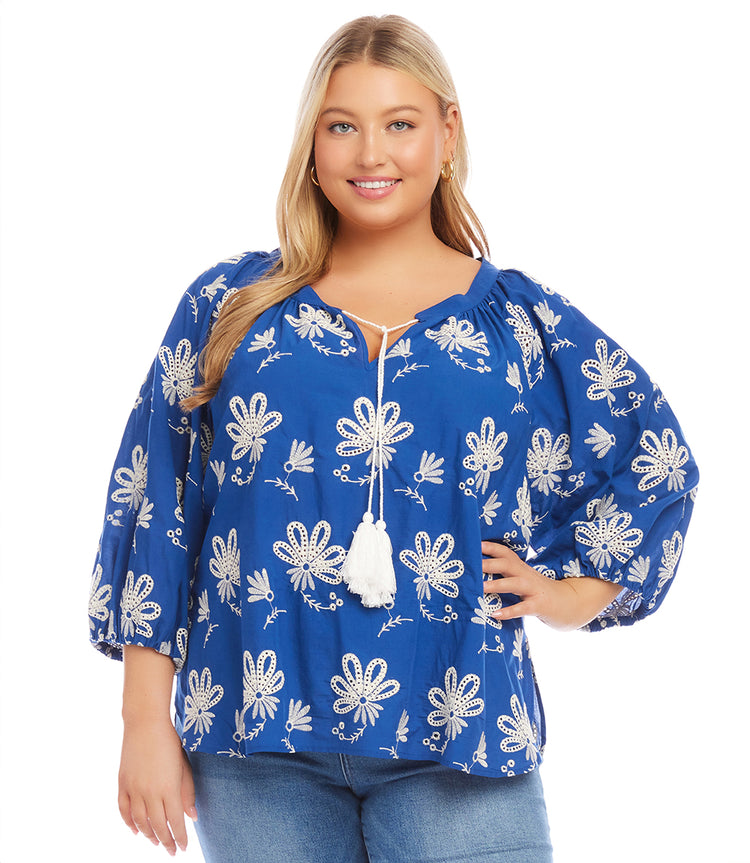 Plus Size Embroidered Tassel Top