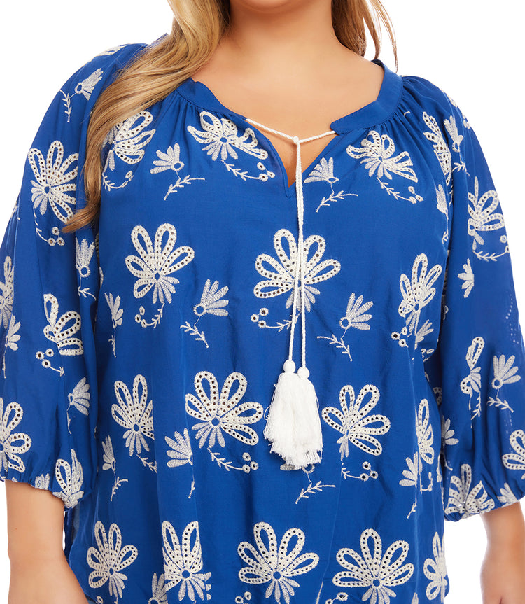 Plus Size Embroidered Tassel Top