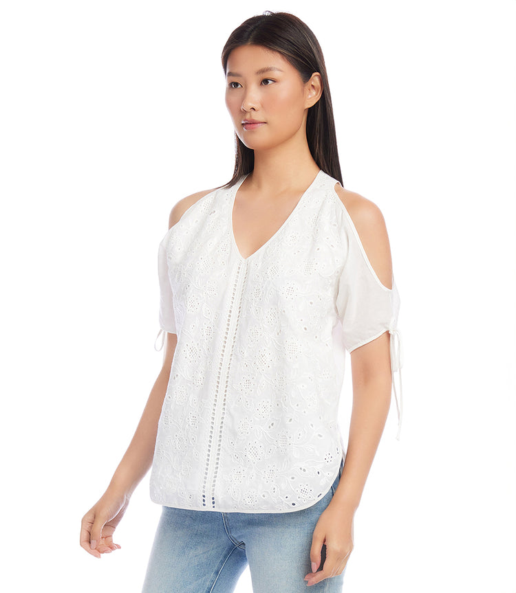 Petite Size Embroidered Cold Shoulder Top