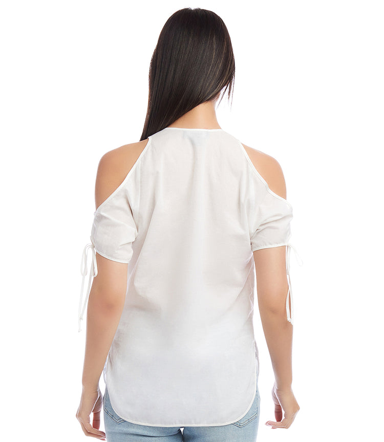 Petite Size Embroidered Cold Shoulder Top