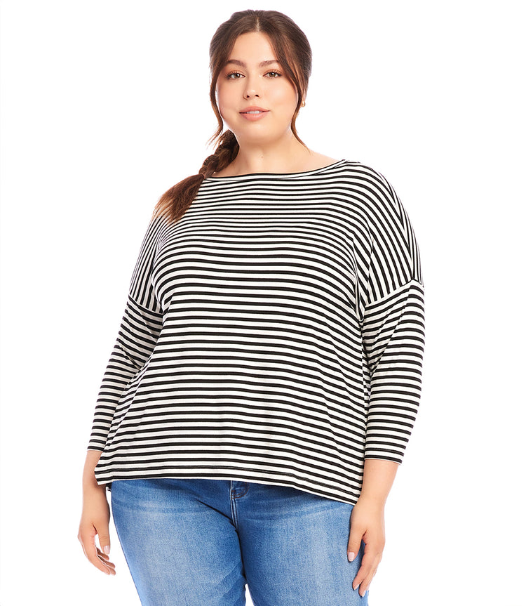 Plus Size Stripe Three Quarter Sleeve Boatneck Top