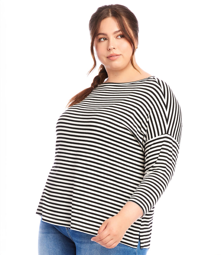 Plus Size Stripe Three Quarter Sleeve Boatneck Top