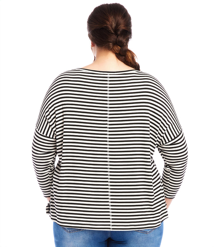 Plus Size Stripe Three Quarter Sleeve Boatneck Top