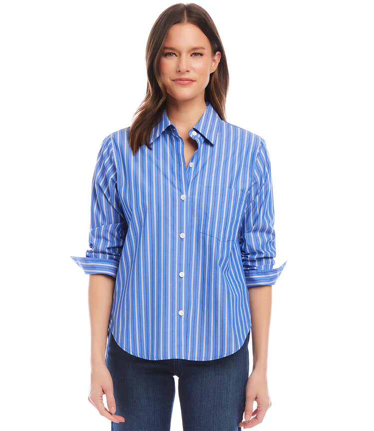 Stripe Ruched Sleeve Shirt | Karen Kane