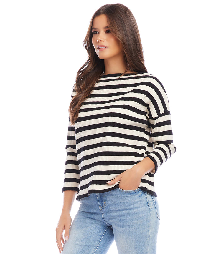 Petite Size Stripe Three Quarter Sleeve Boatneck Top