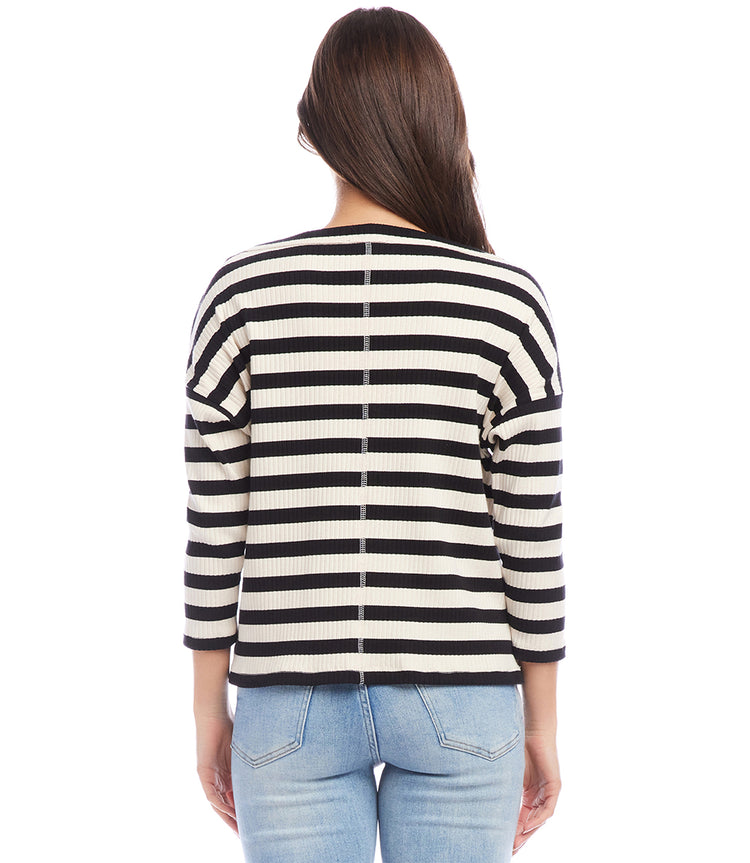 Petite Size Stripe Three Quarter Sleeve Boatneck Top