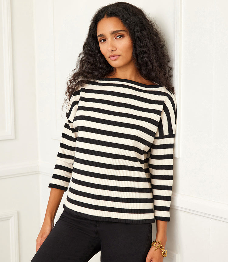 Petite Size Stripe Three Quarter Sleeve Boatneck Top