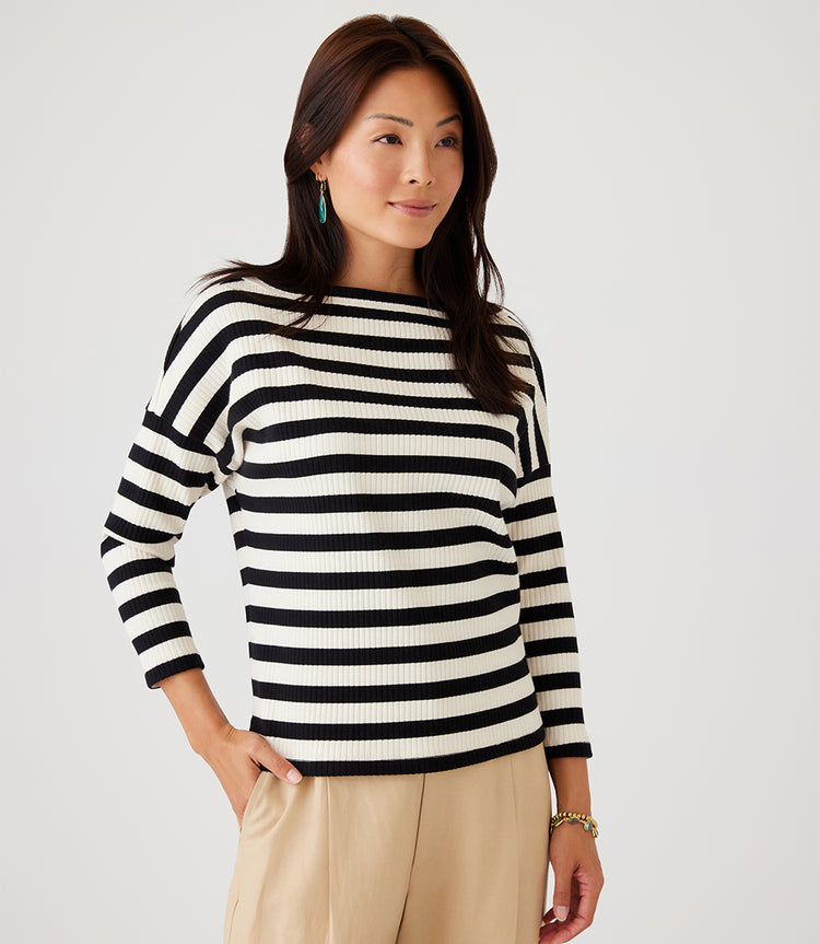 Stripe Three Quarter Sleeve Boatneck Top