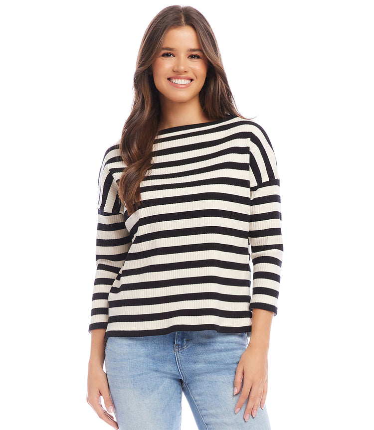 Stripe Three Quarter Sleeve Boatneck Top