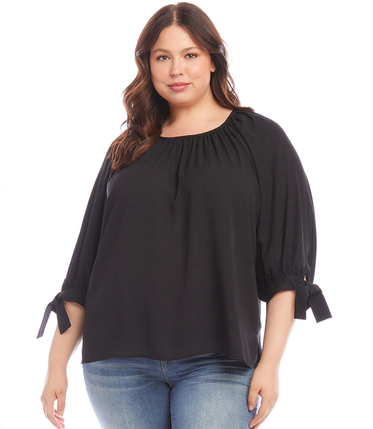 Black Plus Size Tie Sleeve Peasant Top | Karen Kane