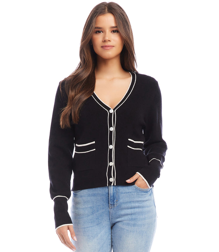 Black With Off White Petite Size Contrast Trim Cardigan Karen Kane