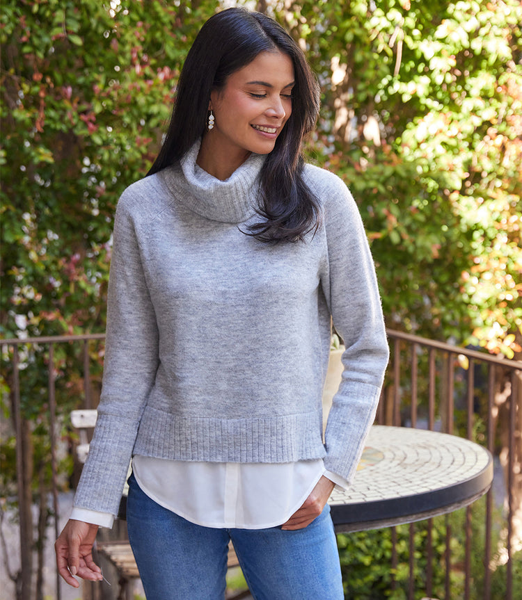 Light Heather Gray Layered Turtleneck Sweater Karen Kane