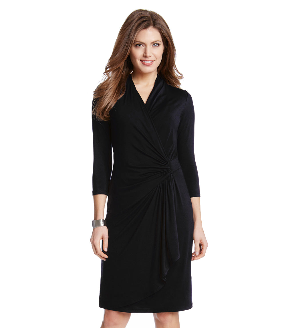 Black Petite Size Cascade Wrap Dress | Karen Kane