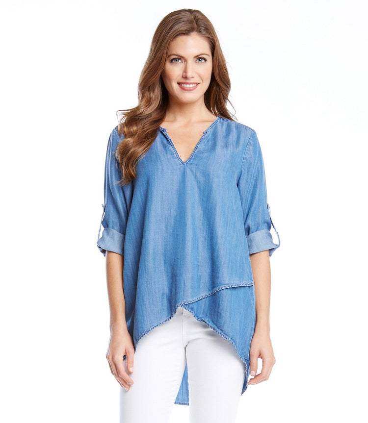 Chambray Asymmetric Hem Wrap Top | Karen Kane