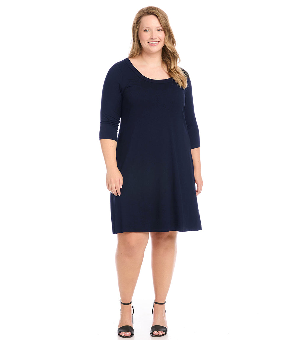 Navy Plus Size Three Quarter Sleeve A Line Dress | Karen Kane