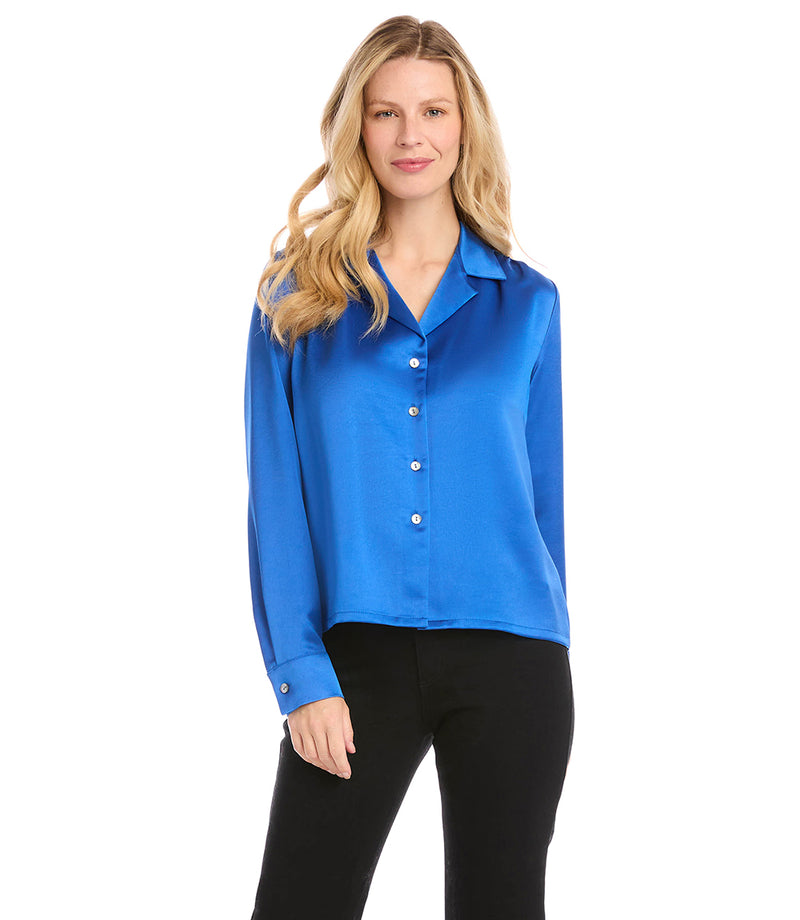 Sapphire Blue Long Sleeve Button-Up Shirt | Karen Kane